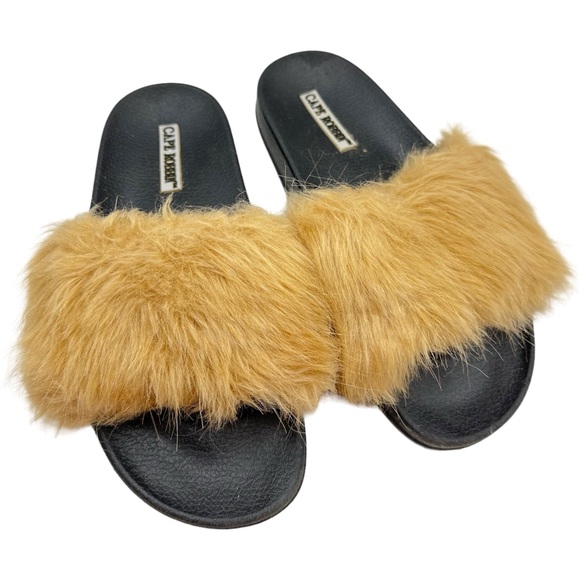 Cape Robbin Moira Faux Fur Slip On Open Toe Casual Sandal Slides Tan Black 6 - Picture 15 of 15